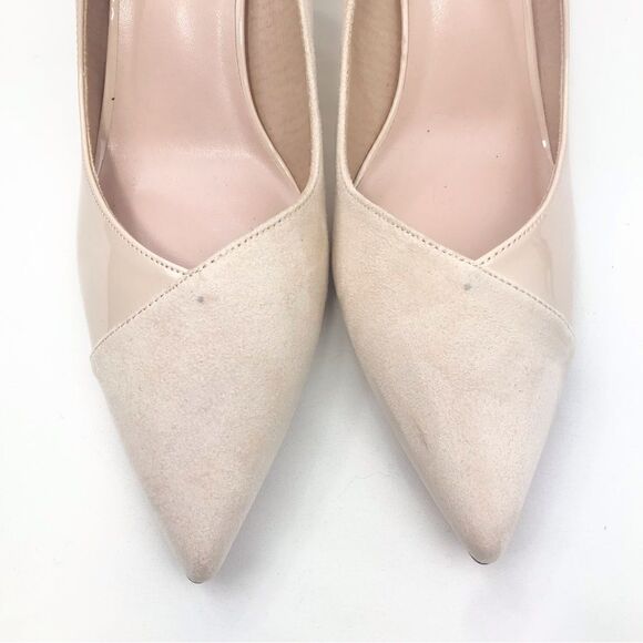 Coutgo Cream Patent Leather Faux Suede Pointed Toe Heels - Picture 6 of 11